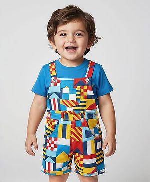 Babyhug Single Jersey Knit Printed Dungaree & Half Sleeves T-Shirt - Blue