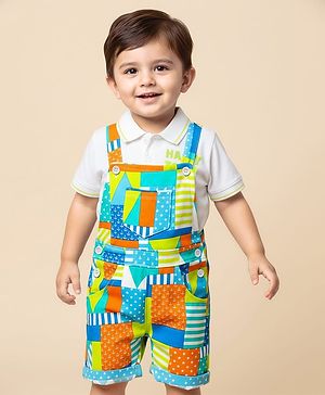 Babyhug Single Jersey Knit Half Sleeves Polo T-Shirt & Dungaree With  Nautical Print - White