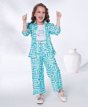 Ministitch Smile Text Printed Top & Pant With Three Fourth Puffed Sleeves Jacket Set - Blue