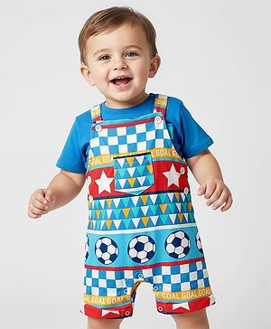 Babyhug Single Jersey Knit Printed Dungaree & Half Sleeves T-Shirt - Blue