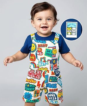 Babyhug Single Jersey Knit Half Sleeves T-Shirt & Dungaree With Text & Smiley Print -  White & Blue