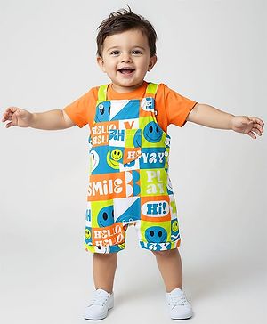 Babyhug Single Jersey Knit Half Sleeves T-Shirt & Dungaree With Text & Smiley Print -  Orange