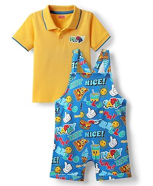 Babyhug Single Jersey Knit Half Sleeves Polo T-Shirt & Dungaree with Nice Text Print - Yellow & Blue