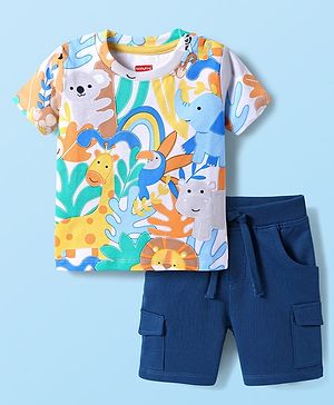 Babyhug Single Jersey Knit Half Sleeves T-Shirt & Shorts with Animal - Navy Blue & Yellow
