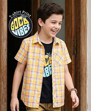 Pine Kids Cotton Woven Half Sleeves Checks Shirt With Sleeveless Text Printed T-Shirt - Yellow Orange & Navy Blue