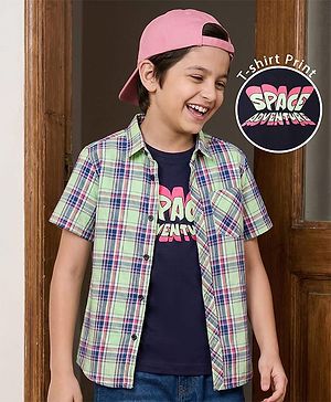 Pine Kids Cotton Woven Half Sleeves Checkered Shirt With T-Shirt - Light Green