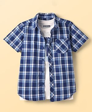 Pine Kids Cotton Woven Half Sleeves Checks Shirt With Sleeveless Text Printed T-Shirt - White & Navy Blue