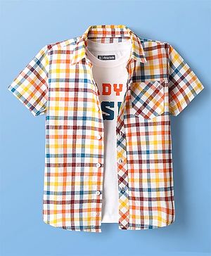 Pine Kids Cotton Woven Half Sleeves Checkered Shirt With T-Shirt - Multicolour