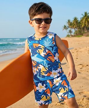 Babyhug Single Jersey Knit Sleeveless Tank T-Shirt & Shorts Co-Ord Set With Beach Theme & Floral Print - Blue
