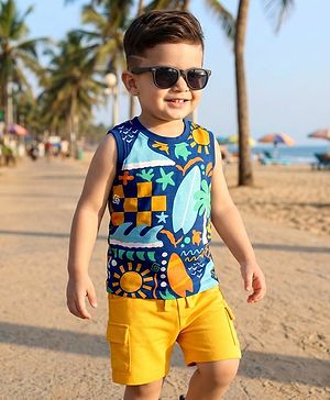 Babyhug Single Jersey Knit Sleeveless Tank T-Shirt & Shorts Set With Beach Theme Print - Blue & Yellow