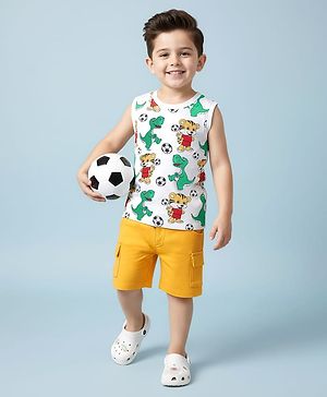 Babyhug Single Jersey Knit Sleeveless Tank T-Shirt & Shorts Set With Animal Print - White & Yellow
