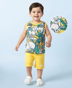 Babyhug Single Jersey Knit Sleeveless Tank T-Shirt & Shorts Set with Jungle Print - Yellow