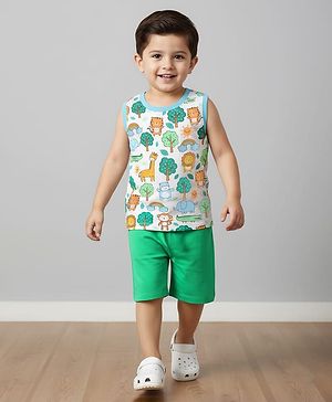 Babyhug Single Jersey Knit Sleeveless Tank T-Shirt & Shorts Set With Animal Print - White & Green