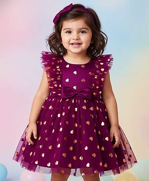 Babyhug Woven Frill Sleeves Fit & Flare Mesh Party Dress with Glitter Print & Bow Applique - Purple
