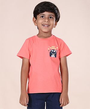 Kiddopanti Cotton Half Sleeves Mini Monster Text Printed Tee - Coral