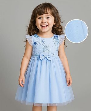 Babyhug Woven Frill Sleeves Glitter Mesh Dress with Bow Applique & Floral Embroidery - Light Blue