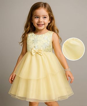 Babyhug Woven Sleeveless Party Dress with Floral & Bow Applique - Yellow