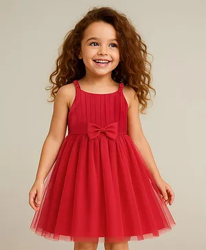 Babyhug Woven Sleeveless Solid Color
                              Mesh Dress with Bow Applique - Red