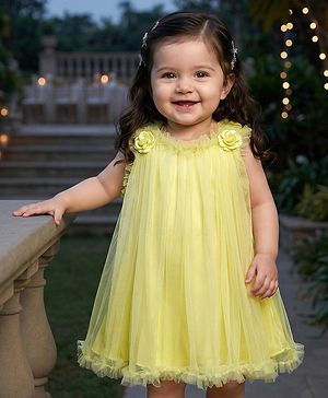 Babyhug Woven Sleeveless Mesh Party Dress With Floral Applique - Yellow