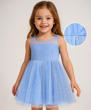 Babyhug Woven Sleeveless Mesh Dress with Foil Print - Light Blue