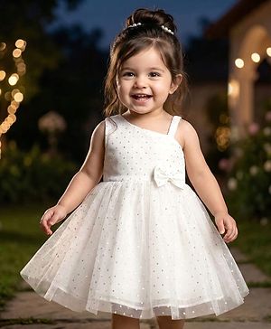 Babyhug Woven Sleeveless Mesh Dress with Bow Applique & Foil Print - White