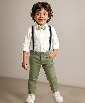 Babyhug Woven Full Sleeves Solid Color Pleated Shirt & Trouser Set with Bow & Suspender - White & Green