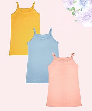 Kiddopanti Cotton Pack Of 3 Sleeveless Solid Camisoles - Peach Mustard & Blue