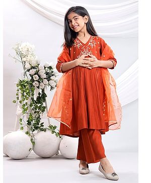 misbis Silk Blend Three Fourth Sleeves Floral Embroidered & Sequins Embellished Kurta Palazzo With Dupatta Set - Rust Orange