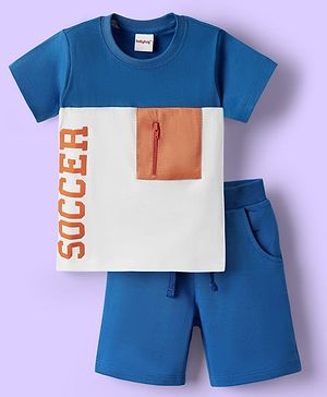 Babyhug Single Jersey Knit Half Sleeves T-Shirt & Shorts With Soccer Text Print - Blue & White