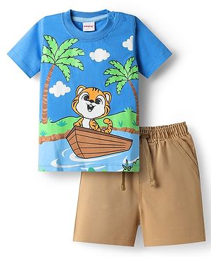Babyhug Single Jersey Knit Half Sleeves T-Shirt & Shorts Set With Tiger Print - Blue & Brown