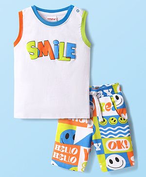 Babyhug Single Jersey Knit Sleeveless Tank T-Shirt & Shorts Set With Smiley Print - White