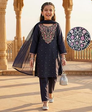 Pine Kids Woven Three Fourth Sleeves Floral Embroidered Kurti Chudidar Set with Dupatta & Lace Detailing - Navy Blue
