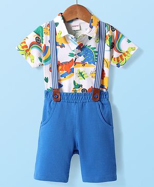 Babyhug Single Jersey Knit Half Sleeves Shirt & Shorts Set With Dino Print & Suspender - White & Blue