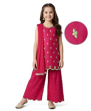 Pine Kids Woven Sleeveless Kurti Gharara Set with Dupatta & Floral Embroidery - Dark Pink