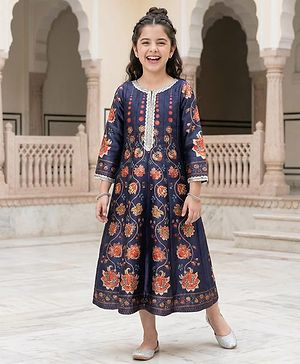 Pine Kids Woven Three Fourth Sleeves Ethnic Dress With Floral Print - Violet
