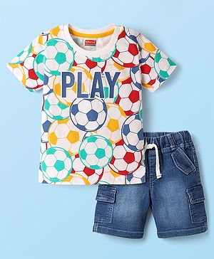 Babyhug Single Jersey Knit Half Sleeves T-Shirt & Denim Shorts Set With Football Print - White & Blue
