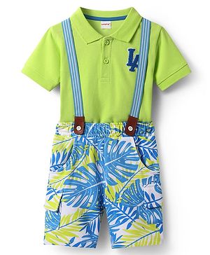 Babyhug Single Jersey Knit Half Sleeves T-Shirt & Shorts Set with Tropical Theme Print & Suspender - Limegreen