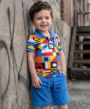 Babyhug Single Jersey Knit Half Sleeves Polo T-Shirt & Shorts Set with Abstract Print - Blue