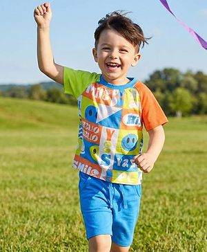Babyhug Single Jersey Knit Half Raglan Sleeves T-Shirt & Shorts Set With Smiley Print - Blue
