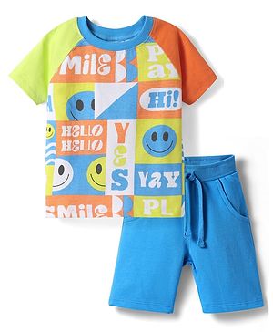 Babyhug Single Jersey Knit Half Raglan Sleeves T-Shirt & Shorts Set With Smiley Print - Blue