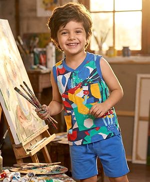 Babyhug Single Jersey Knit Sleeveless Printed Tank T-Shirt & Shorts Set - Blue