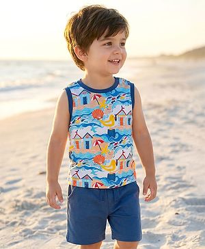 Babyhug Single Jersey Knit Sleeveless Tank T-Shirt With Sea Animals & Bird Print - Blue