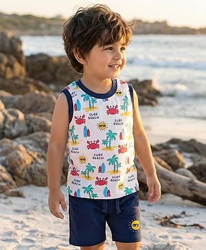 Babyhug Single Jersey Knit Sleeveless Tank T-Shirt & Shorts Set with Beach Theme Print - Navy Blue & White