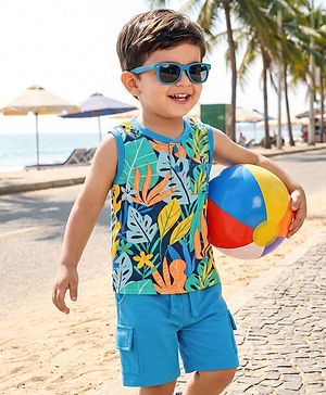 Babyhug Single Jersey Knit Sleeveless Tank T-Shirt & Shorts Set with Tropical Theme Print - Blue