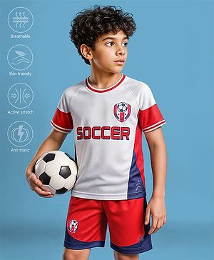 Pine Active Half Sleeves T-Shirt & Shorts With Soccer Print - White & Red