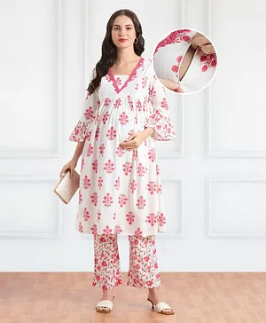 Bella Mama Woven Three Fourth Sleeves Embroidered Yoke & Floral Printed Maternity Suit Set - Pink