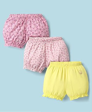 Pine Kids Cotton Elastane Knit Bloomers With Stripes & Shell Print Pack Of 3 - Yellow & Pink