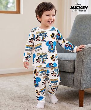 Babyhug Disney Single Jersey Knit Full Sleeves Co-ords Night Suit with Mickey & Friends Graphics - White