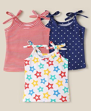 Babyhug 100% Cotton Single Jersey Knit Slips With Stripes & Floral Print Pack Of 3 - Red Navy Blue & White