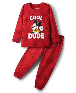 Babyhug Disney Single Jersey Knit Full Sleeves Night Suit With Mickey Mouse Family Print - Red